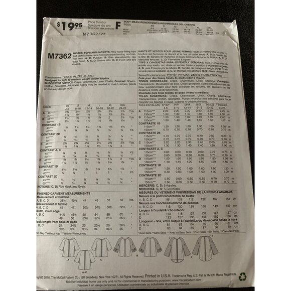 McCall's Misses Shirt Sewing Pattern Sz Lg - XXL M7362 - Uncut - Picture 5 of 9